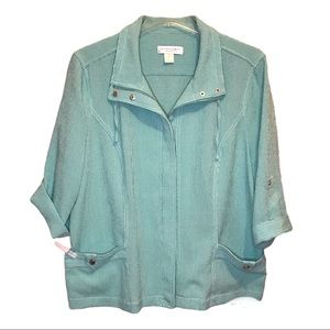 Christopher & Banks Turquoise White Gingham Zip Adjustable Collar & Sleeve Top